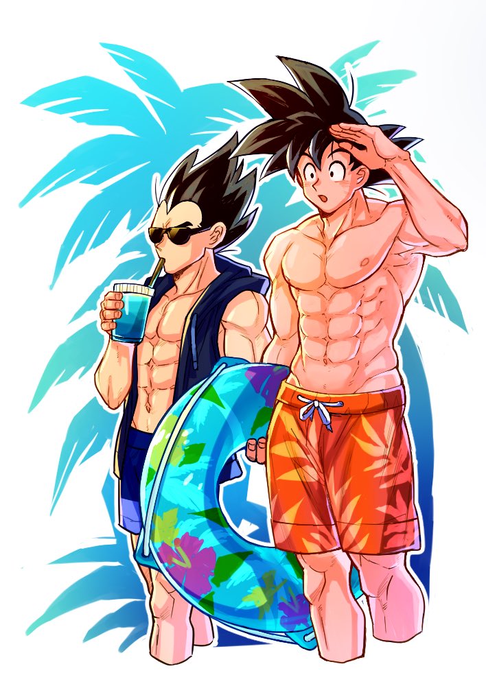 2boys, :o, abs, bara, black_hair, blue_hoodie, blue_male_swimwear, blue_swim_trunks