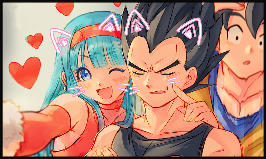 1girl, 2boys, :o, ;d, bare_shoulders, black_hair, blue_bodysuit, blue_eyes, blue_hair, blush, bodysuit, bra_(dragon_ball), choker, closed_eyes, crop_top, dougi, dragon_ball, dragon_ball_gt, earrings, elbow_gloves, father_and_child, father_and_daughter, fingersmile, forced_smile, gloves, heart, jewelry, long_hair, looking_at_viewer, mamefuku_(mamedehuku), multiple_boys, one_eye_closed, open_mouth, outstretched_arm, parent_and_child, red_choker, red_gloves, saiyan, selfie, short_hair, smile, son_goku, spiked_hair, vegeta