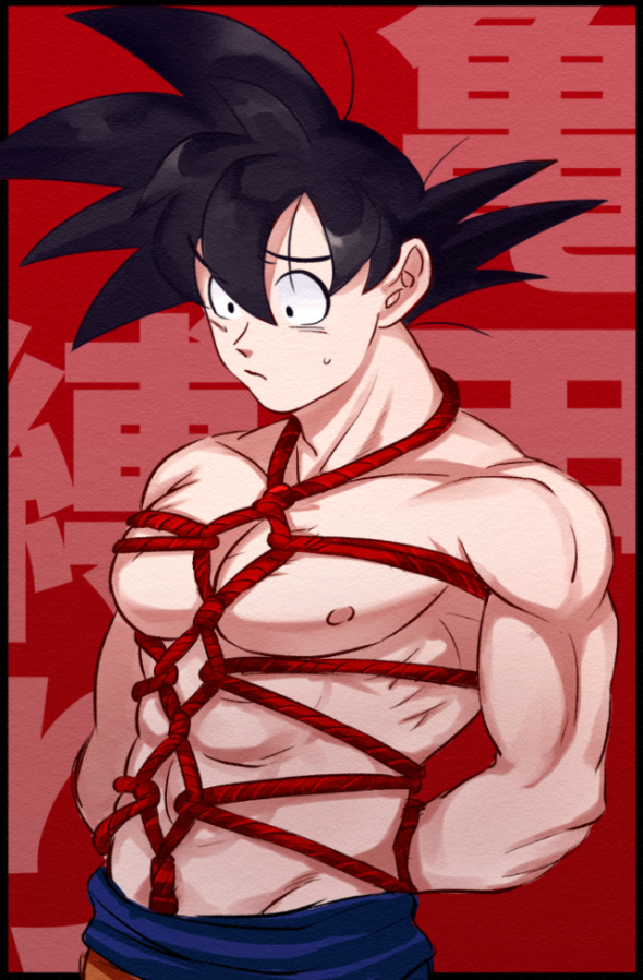 1boy, abs, arms_behind_back, bara, black_hair, bound, bound_wrists, closed_mouth