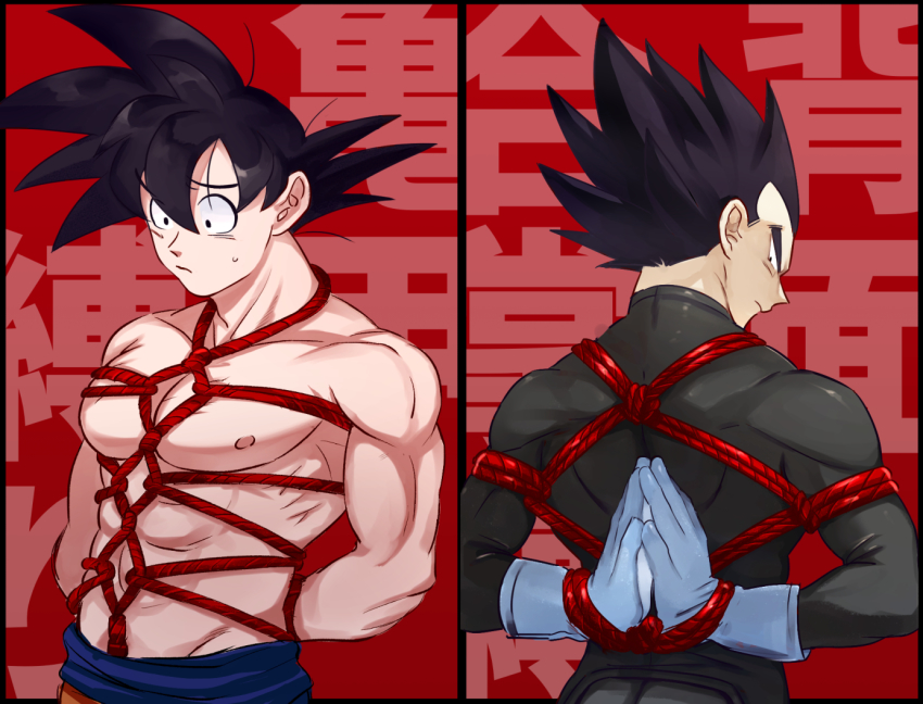 2boys, abs, arms_behind_back, back, bara, black_bodysuit, black_hair, bodysuit