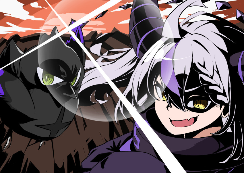 1girl, absurdres, ahoge, collar, crow_(la+_darknesss), demon_girl, demon_horns, diffraction_spikes