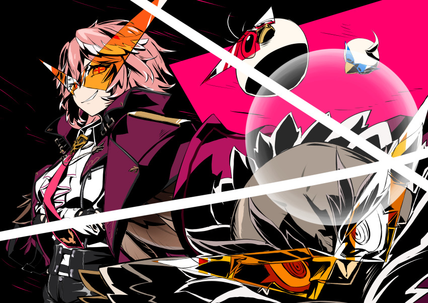 1girl, absurdres, bird, black_shorts, cape, collared_shirt, diffraction_spikes, eyecatch, frogmouth, ganmo_(takane_lui), grin, hair_between_eyes, hawk, head_wings, high-waist_shorts, highres, hololive, jacket, kamina_shades, lens_flare, looking_at_viewer, multicolored_hair, necktie, open_clothes, open_jacket, pantyhose, pantyhose_under_shorts, pink_hair, pleia90, purple_jacket, red_necktie, shirt, short_hair, shorts, smile, solo, streaked_hair, symbol-shaped_pupils, takane_lui, tengen_toppa_gurren_lagann, triangular_eyewear, tsukune_(takane_lui), tsumire_(takane_lui), ttgl_eyecatch, two-tone_hair, virtual_youtuber, white_hair, white_shirt, wings