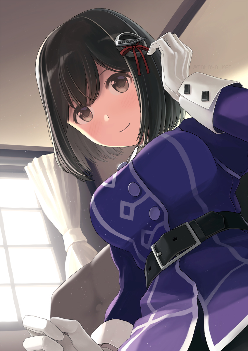 1girl, black_eyes, black_hair, breasts, from_below, gloves, haguro_(kancolle), haguro_kai_ni_(kancolle)