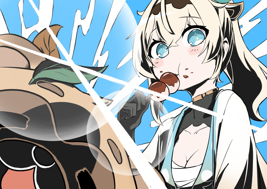 1girl, absurdres, black_gloves, blue_eyes, blush, breasts, chest_sarashi, chewing