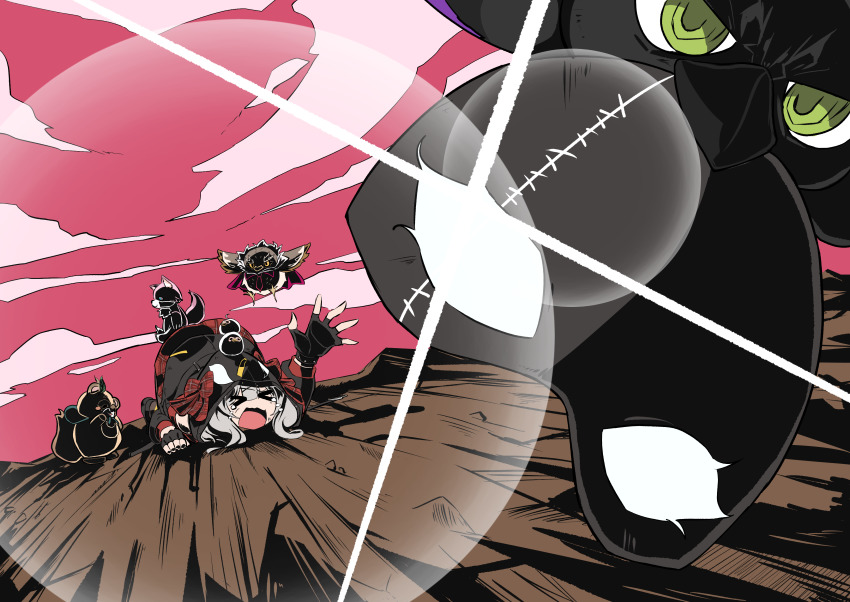 >_<, 1girl, absurdres, all_fours, animal_hood, black_gloves, blunt_bangs, closed_eyes