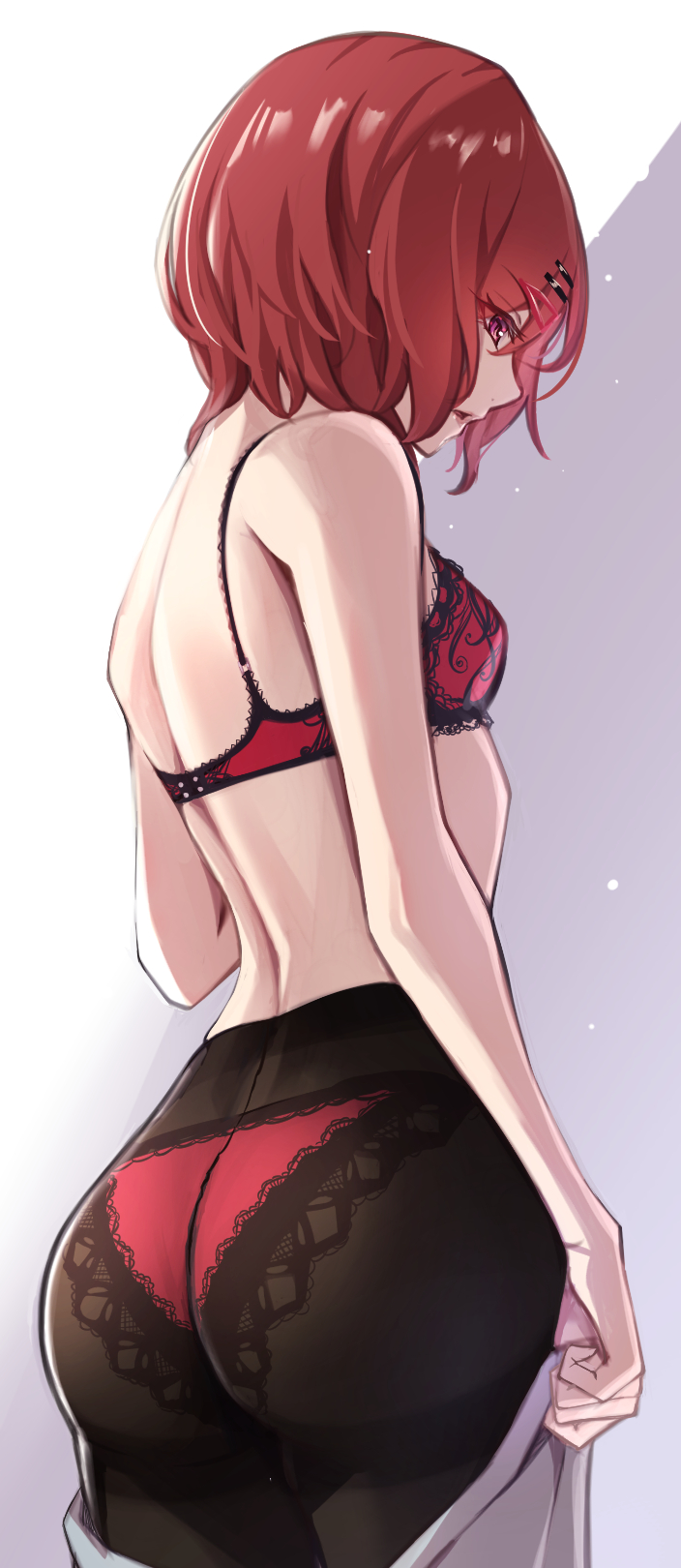 1girl, ass, black_pantyhose, bra, hair_ornament, hairclip, hairpin, highres