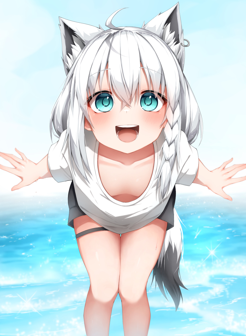 1girl, absurdres, ahoge, animal_ear_fluff, animal_ears, black_shorts, blush, braid