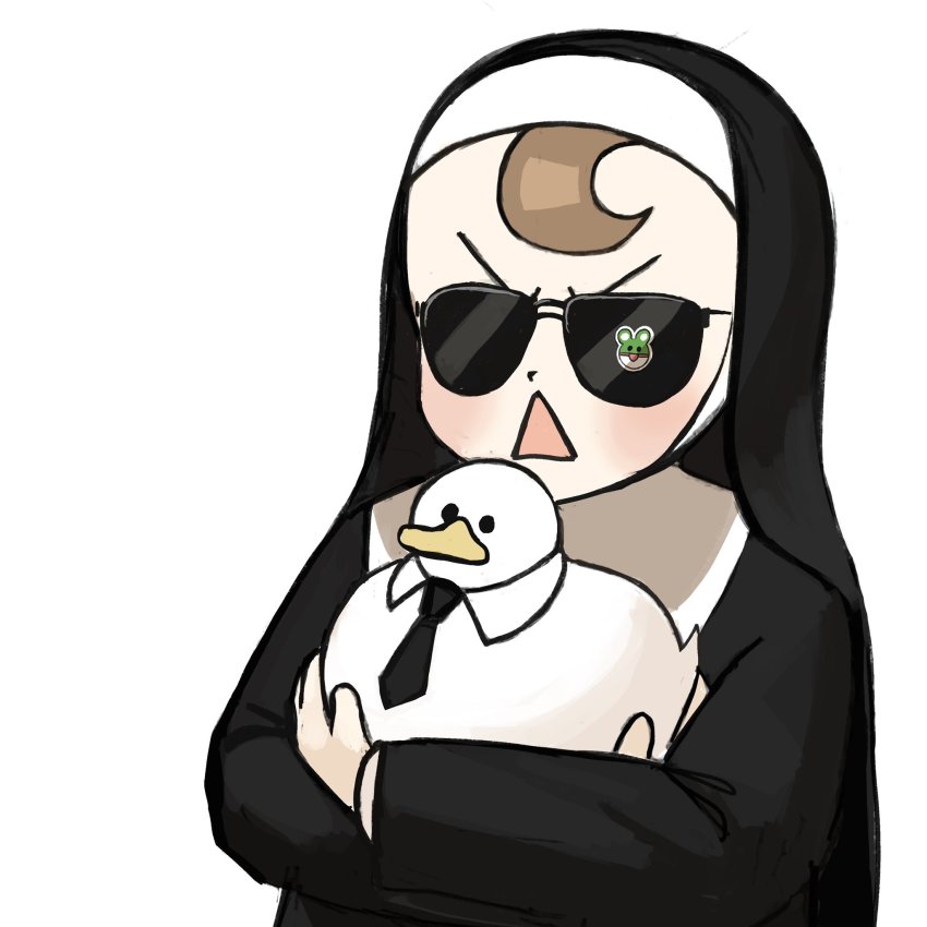 1girl, animal, bird, black_necktie, blonde_hair, borrowed_character, brown_hair, commentary, crossover, detached_collar, diva_(hyxpk), duck, facing_viewer, froggy_nun_(diva), grey_background, highres, holding, holding_animal, little_nuns_(diva), long_sleeves, mafiaduck_(nilan), necktie, nun, open_mouth, original, simple_background, sunglasses, traditional_nun, triangle_mouth
