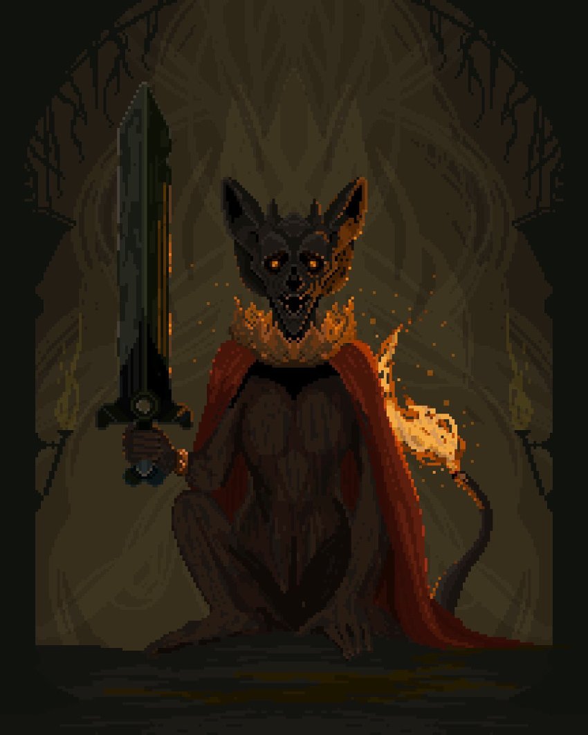 cape, elden_ring, erdtree_burial_watchdog, fire, flame-tipped_tail, highres, holding, holding_sword