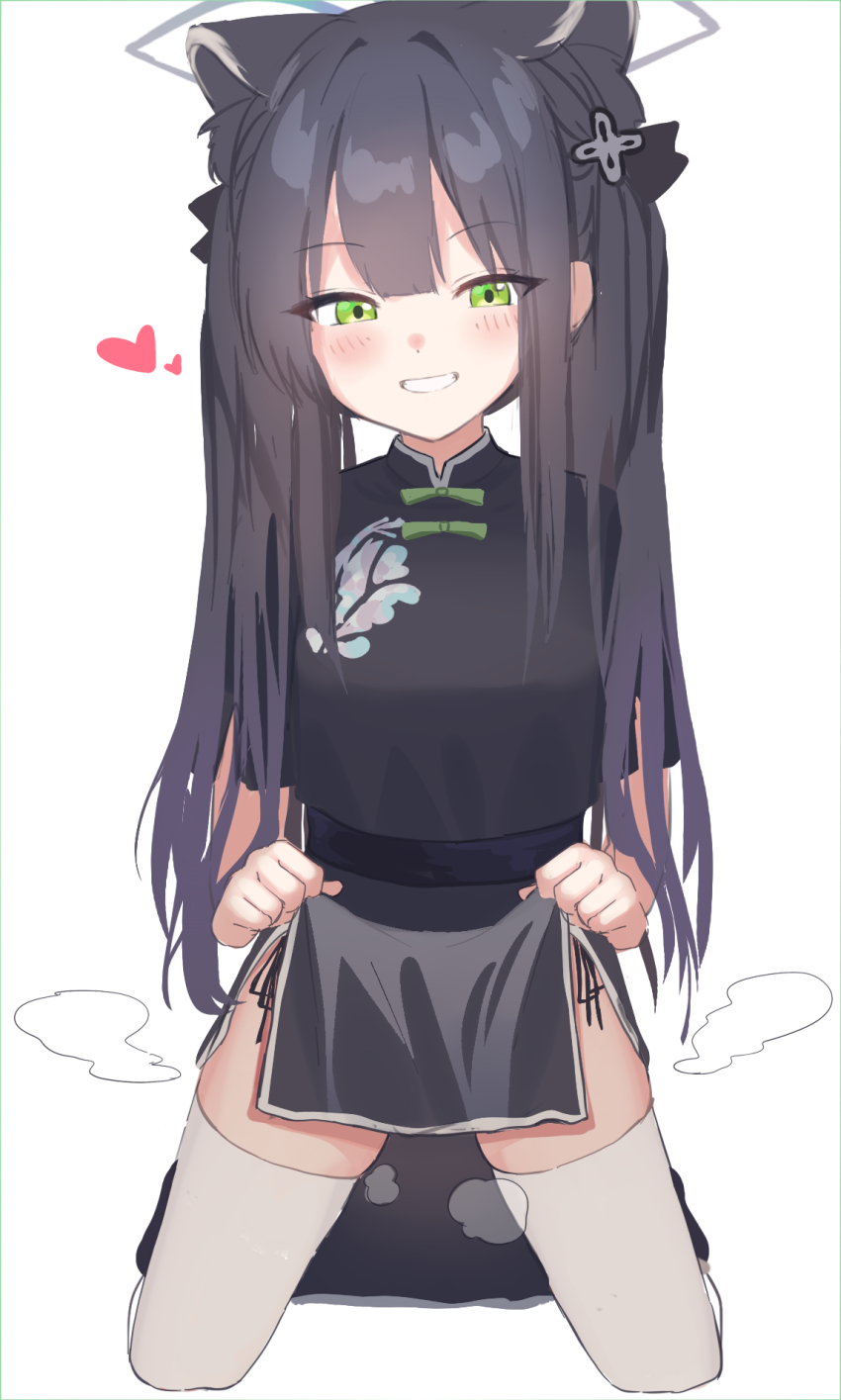 1girl, animal_ears, black_dress, black_hair, blue_archive, blush, china_dress, chinese_clothes, clothes_lift, dress, green_eyes, grin, hair_ornament, halo, heart, highres, kneeling, lifting_own_clothes, long_hair, looking_at_viewer, pelvic_curtain, pelvic_curtain_lift, short_sleeves, shun_(blue_archive), shun_(small)_(blue_archive), simple_background, smile, solo, thighhighs, tsumayouji_(tumayog), white_background, white_thighhighs