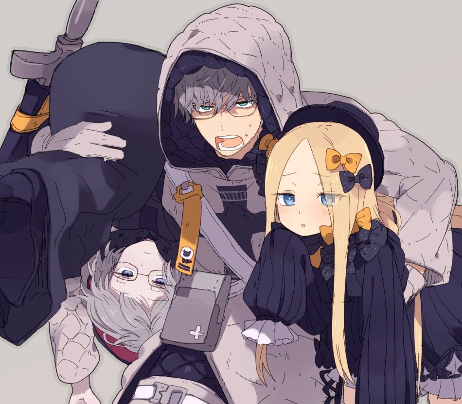 1boy, 2girls, abigail_williams_(fate), abigail_williams_(first_ascension)_(fate), black_bow, black_dress, black_headwear, blonde_hair