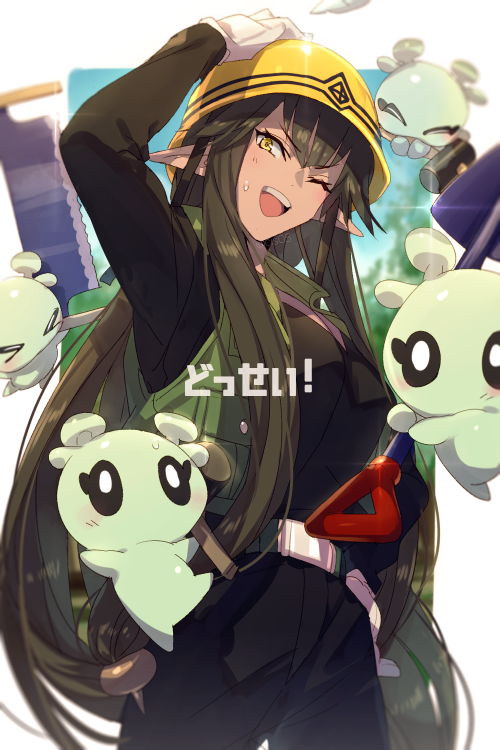 1girl, belt, blush, breasts, brown_hair, brown_pants, brown_shirt, cleavage