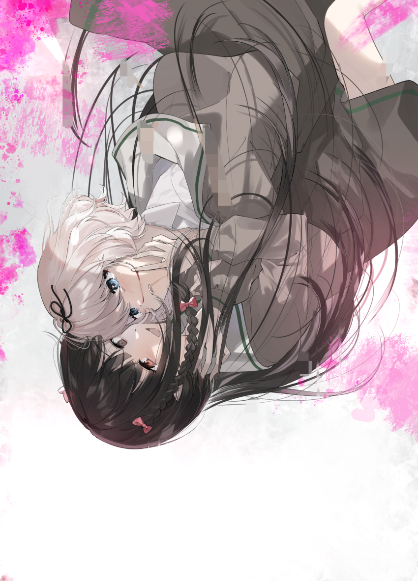 2girls, black_hair, blood, bow, braid, empty_eyes, eye_contact, hanamura_hinako