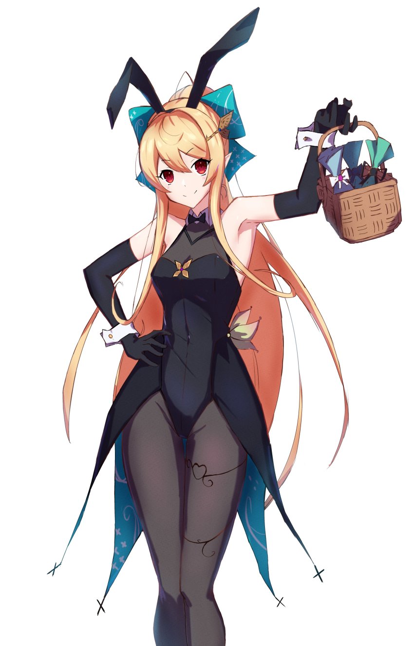 1girl, absurdres, alternate_costume, animal_ears, basket, black_gloves, black_leotard, black_pantyhose