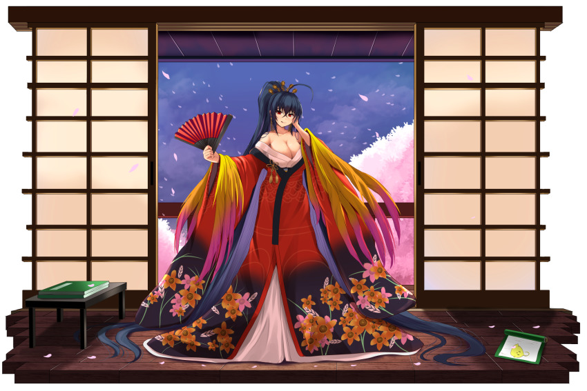 1girl, ahoge, architecture, azur_lane, black_hair, book, breasts, cherry_blossoms, collarbone, crossed_bangs, east_asian_architecture, feathers, folding_fan, hand_fan, highres, hiki_furisode, japanese_clothes, kanzaki_kureha, large_breasts, long_hair, off_shoulder, petals, ponytail, red_eyes, scroll, sliding_doors, solo, standing, taihou_(azur_lane), wooden_floor