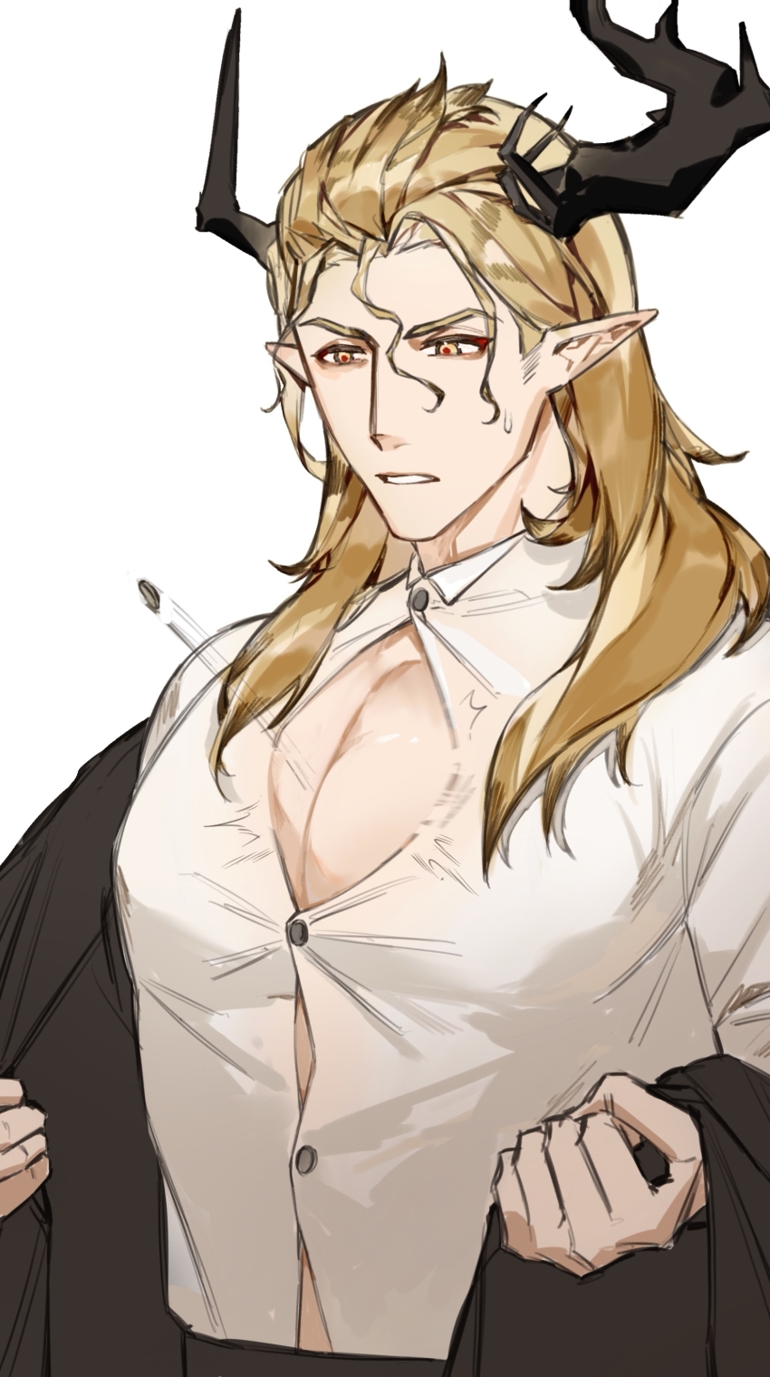 1boy, absurdres, arknights, black_horns, blonde_hair, bursting_pectorals, buttons, highres