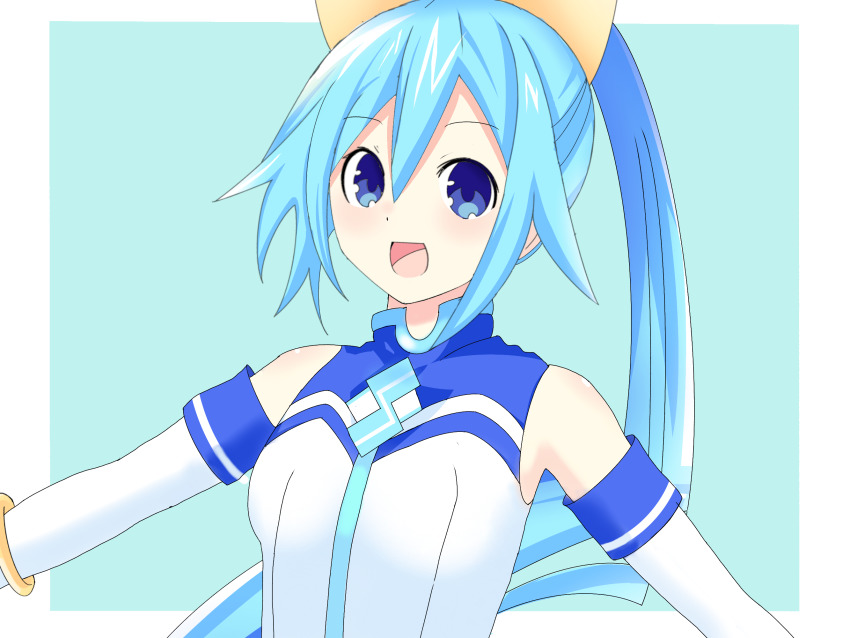 bare_shoulders, blue_background, blue_eyes, blue_hair, bow, breasts, choujigen_game_neptune, choujigen_taisen_neptune_vs_sega_hard_girls