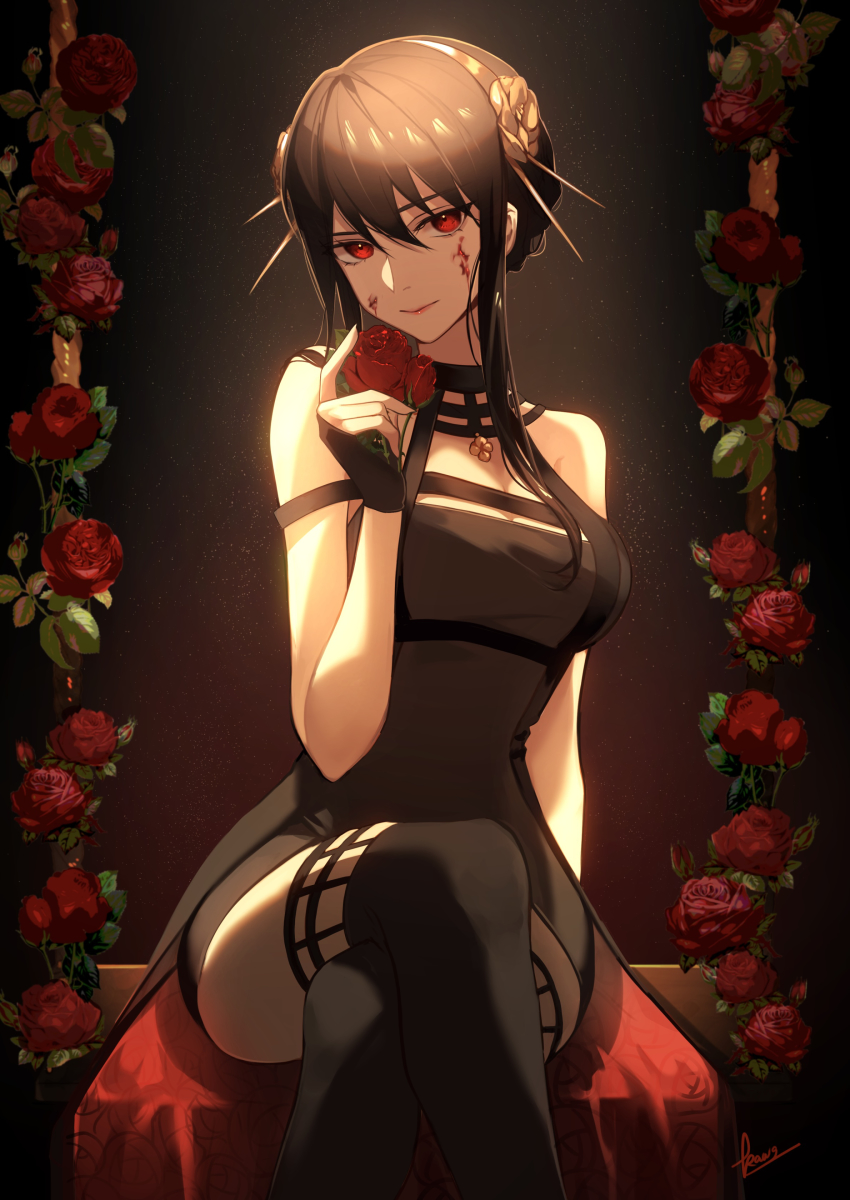 1girl, absurdres, black_dress, black_gloves, black_hair, black_thighhighs, blood, blood_on_face