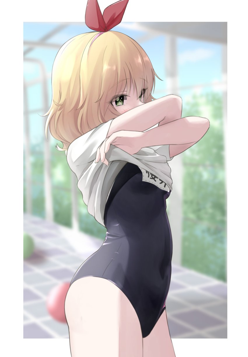 absurdres, ball, beachball, black_one-piece_swimsuit, blonde_hair, blurry, blurry_background, blush