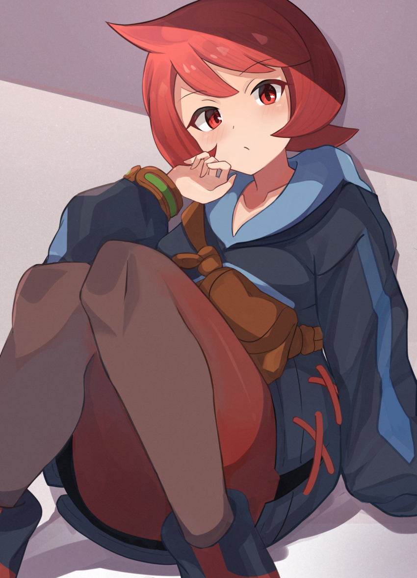 1girl, arezu_(pokemon), arm_support, black_boots, black_jacket, black_shorts, blush, boots