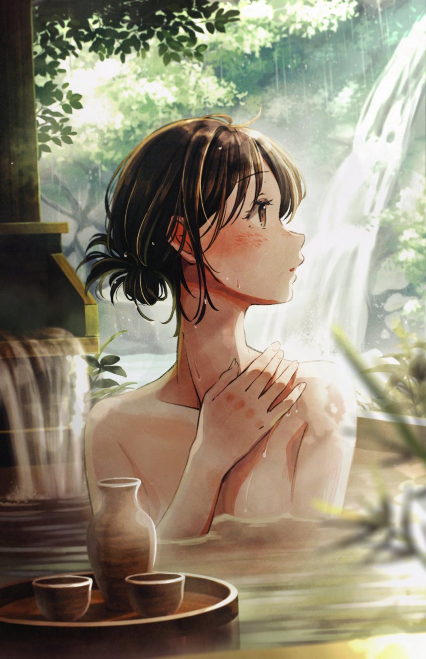 1girl, blush, brown_eyes, brown_hair, collarbone, highres, nature, onsen