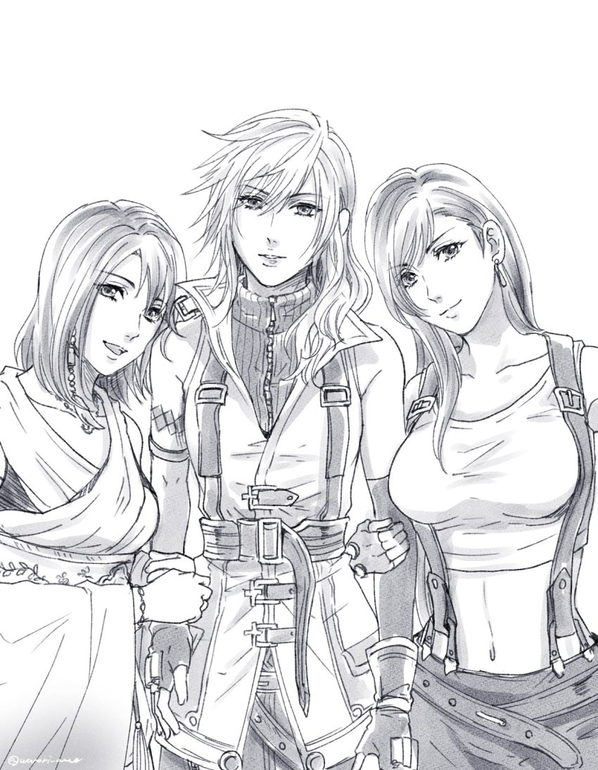 3girls, bare_shoulders, belt, crop_top, detached_sleeves, dissidia_012_final_fantasy, dissidia_final_fantasy, earrings