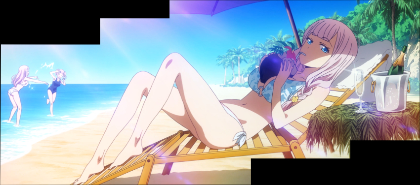 3girls, absurdres, anime_screenshot, ass, beach, between_breasts, bikini, blue_eyes