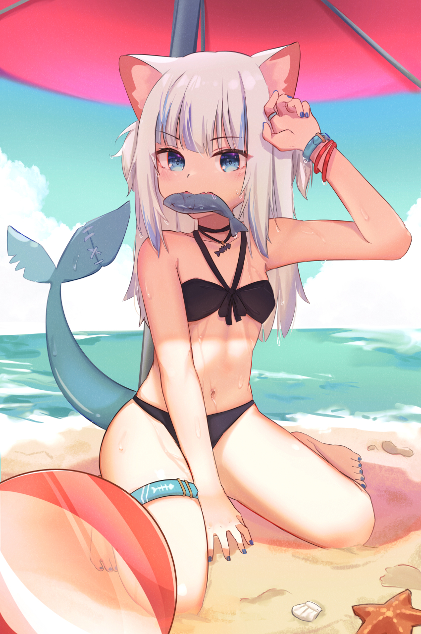 1girl, absurdres, animal_ears, ball, bare_arms, bare_legs, bare_shoulders, beach