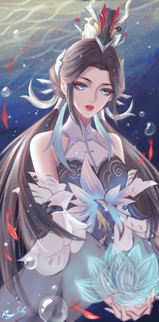 1girl, bare_shoulders, black_hair, blue_eyes, blue_sleeves, blurry, bubble, chinese_commentary