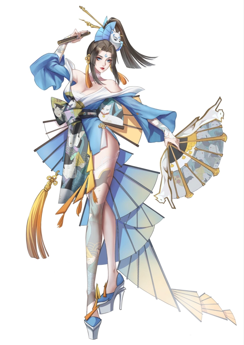 1girl, absurdres, alternate_costume, alternate_eye_color, animal_print, bare_shoulders, bell, black_hair, blue_eyes, blue_kimono, blue_sleeves, breasts, cat_print, chinese_commentary, choker, cleavage, collarbone, crossed_legs, earrings, facial_mark, fatal_fury, female_focus, forehead, forehead_mark, full_body, hair_ornament, hairpin, hand_fan, hand_up, heterochromia, high_heels, high_ponytail, highres, holding, japanese_clothes, jewelry, kimono, king.cc, large_breasts, long_bangs, long_hair, long_sleeves, makeup, mask, mask_on_head, mole, neck_bell, off_shoulder, platform_footwear, platform_heels, ponytail, red_lips, shadow, shiranui_mai, simple_background, single_thighhigh, smile, solo, standing, tassel, tassel_earrings, thighhighs, thighs, v-shaped_eyebrows, wangzhe_rongyao, white_background, white_choker, wide_sleeves