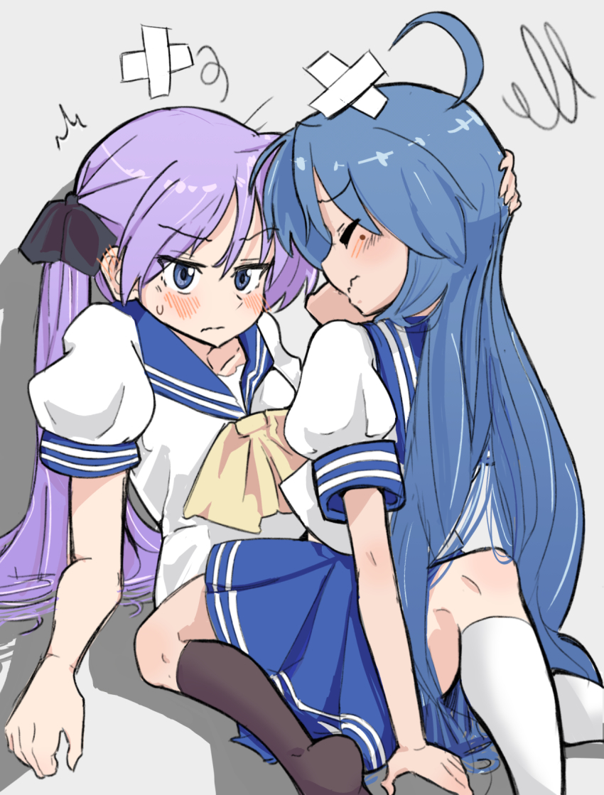 2girls, blue_eyes, blue_hair, blue_skirt, closed_eyes, highres, hiiragi_kagami, izumi_konata, looking_at_another, lucky_star, moccaexe, mole, mole_under_eye, multiple_girls, purple_hair, school_uniform, shadow, skirt, yuri