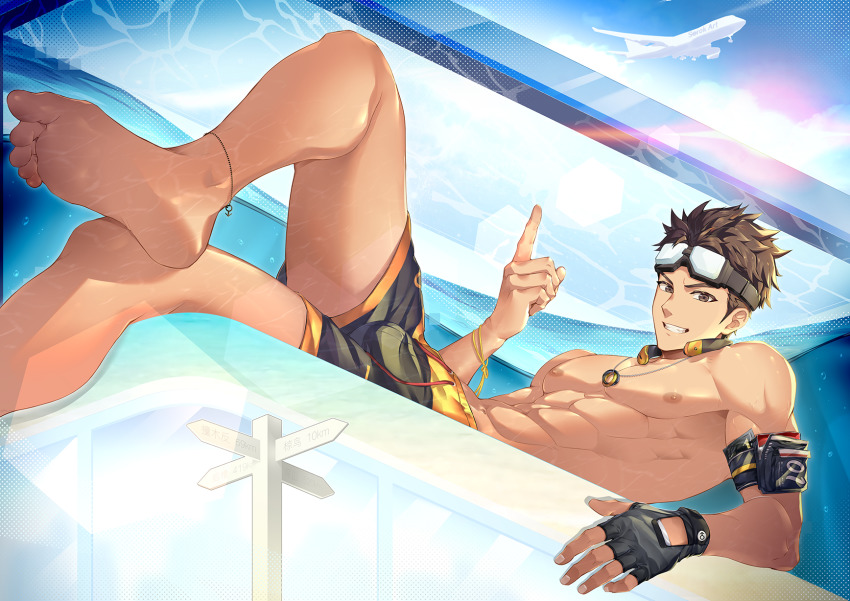 1boy, abs, aircraft, airplane, anklet, armband, bara, barefoot, biceps, black_gloves, black_male_swimwear, black_swim_trunks, brown_eyes, brown_hair, cloud, cloudy_sky, crossed_legs, day, fingerless_gloves, gloves, goggles, headphones, headphones_around_neck, highres, jewelry, large_pectorals, long_sideburns, looking_at_viewer, lying, male_focus, male_swimwear, manly, mature_male, muscular, muscular_male, necklace, nipples, on_back, original, pectorals, pmoazi, short_hair, sideburns, sign, sky, smile, solo, spiked_hair, swim_trunks, swimsuit, teeth, topless_male