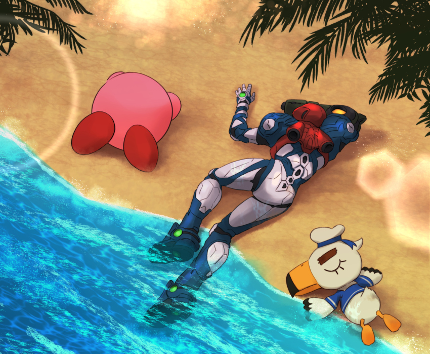 1girl, animal_crossing, arm_cannon, armor, beach, gulliver_(animal_crossing), hat, kirby, kirby_(series), kirby_and_the_forgotten_land, metroid, metroid_dread, nintendo, normal_suit_(metroid), ocean, palm_tree, power_armor, power_suit, power_suit_(metroid), sailor_collar, sailor_hat, sailor_shirt, samus_aran, shirt, sunlight, trait_connection, tree, unconscious, wakaba_(wata_ridley), weapon