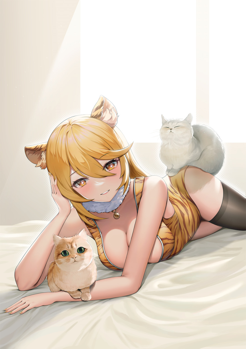 1girl, animal_ear_fluff, animal_ears, animal_print, ass, bed_sheet, bell, black_thighhighs