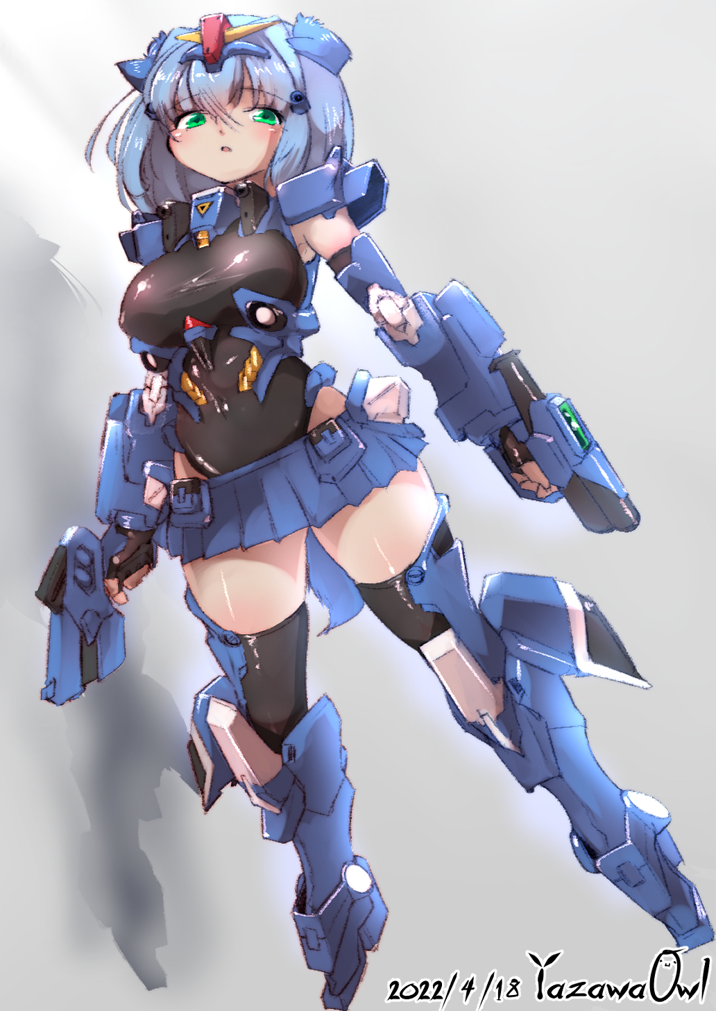 1girl, artist_name, black_gloves, black_leotard, blue_destiny_02, dated, dual_wielding, elbow_gloves
