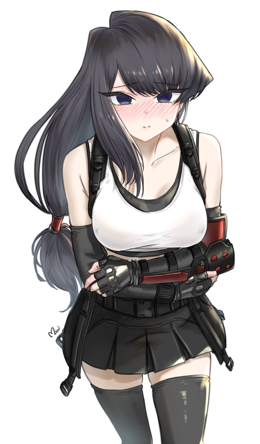 1girl, arms_under_breasts, bare_shoulders, belt, black_eyes, black_hair, black_skirt, black_thighhighs, blunt_bangs, blush, breasts, collarbone, commentary_request, cosplay, covering_stomach, crop_top, earrings, elbow_pads, embarrassed, final_fantasy, final_fantasy_vii, final_fantasy_vii_remake, fingerless_gloves, gloves, highres, jewelry, komi-san_wa_komyushou_desu, komi_shouko, large_breasts, long_hair, looking_at_viewer, low-tied_long_hair, mitsugu, pleated_skirt, simple_background, skirt, solo, tank_top, thighhighs, tifa_lockhart, tifa_lockhart_(cosplay), very_long_hair, white_background, white_tank_top, zettai_ryouiki