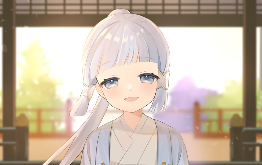 1girl, aged_down, ayaka_(genshin_impact), blue_eyes, blunt_bangs, blush, child, genshin_impact, half-closed_eyes, japanese_clothes, long_hair, looking_at_viewer, midori_(m_ryokutya), mole, mole_under_eye, open_mouth, ponytail, sidelocks, smile, white_hair