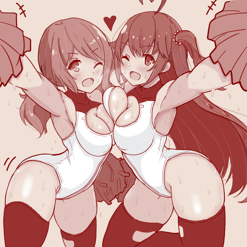 2girls, ;d, ahoge, ankuru_(ankle_art2), archery, arm_at_side, arm_up, armpits, assault_lily, asymmetrical_docking, bare_shoulders, blush, breast_press, breasts, brown_background, cheerleader, cleavage, cleavage_cutout, clothing_cutout, commentary_request, covered_erect_nipples, cowboy_shot, flying_sweatdrops, hair_between_eyes, heart, heart_ahoge, heattech_leotard, heavy_breathing, holding, holding_pom_poms, iijima_renka, large_breasts, leg_up, leotard, long_hair, looking_at_viewer, low_ponytail, medium_breasts, monochrome, motion_lines, multiple_girls, one_eye_closed, one_side_up, open_mouth, outstretched_arm, pom_pom_(cheerleading), pom_poms, ponytail, side_ponytail, simple_background, smile, standing, standing_on_one_leg, sweat, swept_bangs, takasuga_tsukushi, thighhighs, turtleneck, v-shaped_eyebrows, very_long_hair