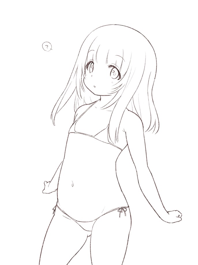 1girl, ?, bikini, greyscale, kiikii_(kitsukedokoro), long_hair, looking_at_viewer, monochrome, navel, relia_(star_ocean), side-tie_bikini_bottom, simple_background, solo, star_ocean, star_ocean:_integrity_and_faithlessness, swimsuit, white_background