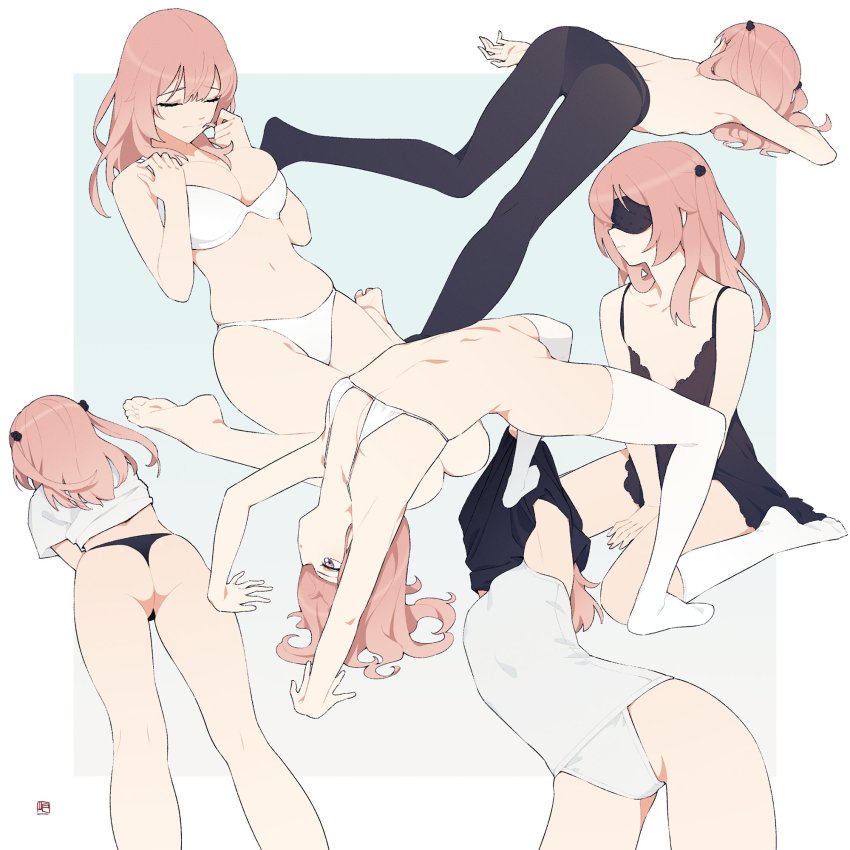 2girls, arched_back, armpits, arms_up, ass, babydoll, bare_shoulders, bikini, black_babydoll, black_panties, body_bridge, border, bra, breasts, closed_eyes, closed_mouth, collarbone, female_focus, formal_clothes, gradient_background, highres, inui_sajuna, inui_shinju, large_breasts, long_hair, multiple_girls, multiple_views, navel, no_pussy, no_shoes, one-piece_swimsuit, outside_border, panties, pantyhose, parted_lips, pink_hair, purple_eyes, see-through_clothes, siblings, signature, sisters, sitting, sleep_mask, small_breasts, sono_bisque_doll_wa_koi_wo_suru, suit, swimsuit, thighhighs, topless_female, twintails, underwear, undressing, wariza, white_bikini, white_border, white_bra, white_footwear, white_legwear, white_one-piece_swimsuit, white_suit, yan_wan