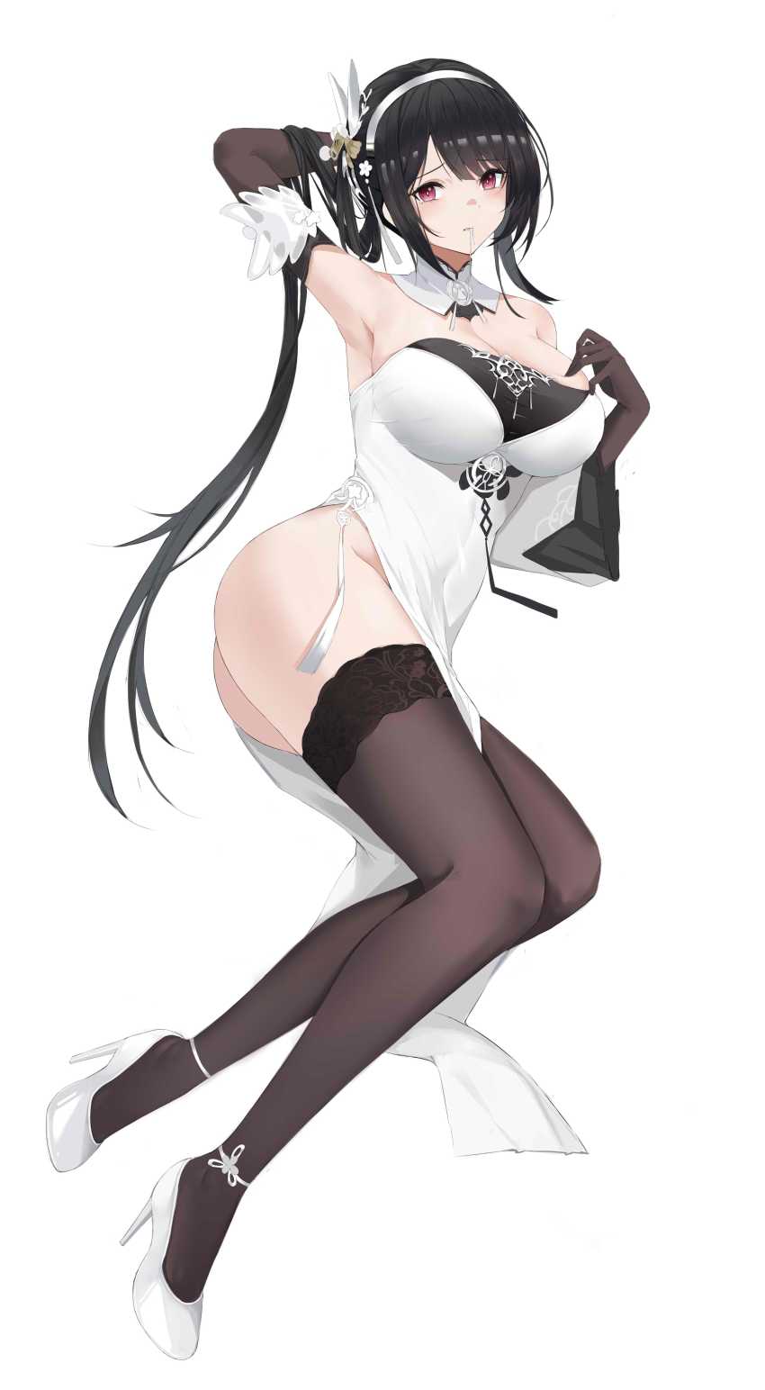 1girl, \||/, absurdres, adjusting_hair, azur_lane, bare_shoulders, black_gloves, black_hair