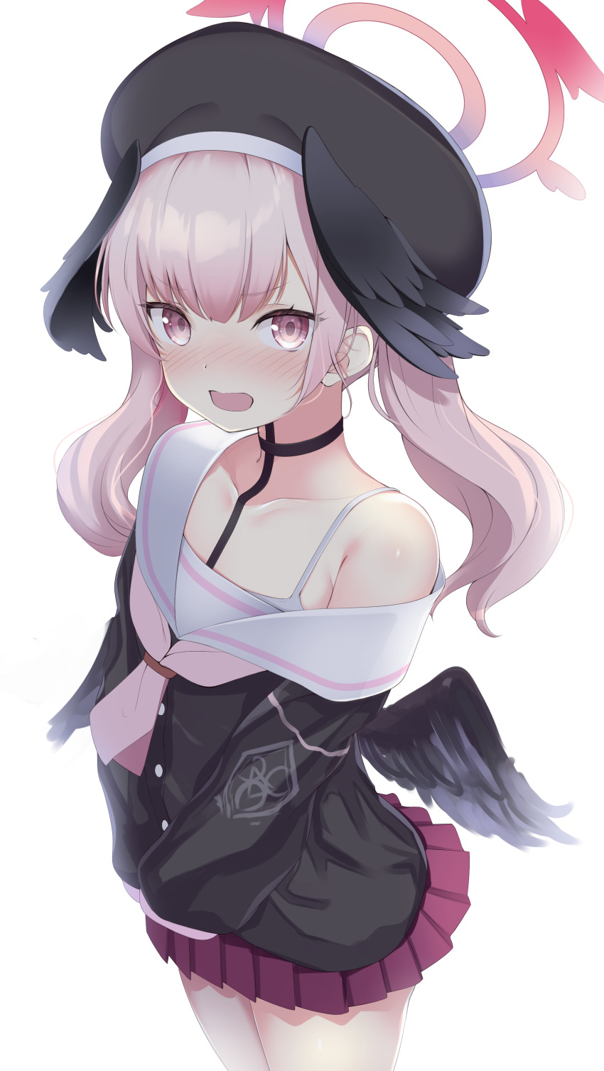 1girl, absurdres, argentum_2o, bare_shoulders, beret, black_choker, black_hat, black_shirt