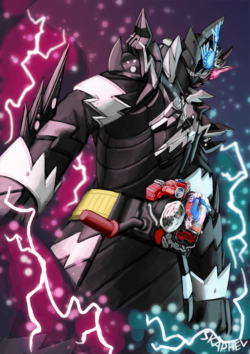 1boy, armor, artist_name, black_armor, blue_eyes, build_driver, compound_eyes, rider_belt, dutch_angle, electricity, feet_out_of_frame, hazard_trigger, heterochromia, kamen_rider, kamen_rider_build, kamen_rider_build_(series), looking_at_viewer, male_focus, rabbit+tank_form_(black_hazard), rabbit+tank_sparkling, rabbit+tank_sparkling_fullbottle, red_eyes, science_fiction, shoulder_armor, signature, simple_background, skaphel, solo, sparks, steam, steaming_body, walking, white_background