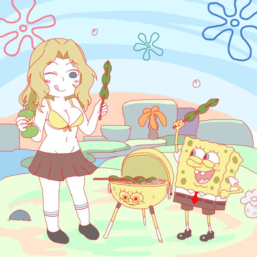 1boy, 1girl, :d, ;p, alternate_costume, aqclk, bikini, black_footwear, blonde_hair, blue_eyes, breasts, brown_pants, brown_skirt, cleavage, cooking, crossover, drink, food, full_body, girls_und_panzer, grill, grilling, hair_intakes, highres, holding, holding_drink, holding_food, kay_(girls_und_panzer), kelp, large_breasts, long_hair, looking_at_another, necktie, one_eye_closed, open_mouth, pants, pleated_skirt, skirt, smile, spongebob_squarepants, spongebob_squarepants_(series), swimsuit, tongue, tongue_out, yellow_bikini