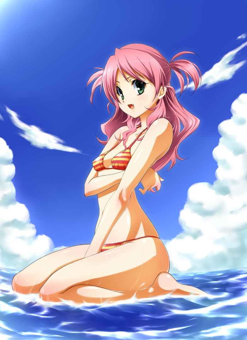 00s, 1girl, aoki_konya, bad_id, bad_pixiv_id, barefoot, bikini, day