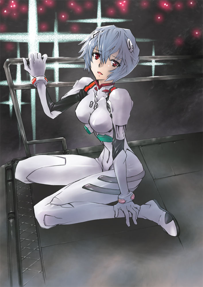 ayanami_rei, blue_hair, hoshino_kouichirou, mecha_pilot_suit, neon_genesis_evangelion, plugsuit_(evangelion), railing, red_eyes