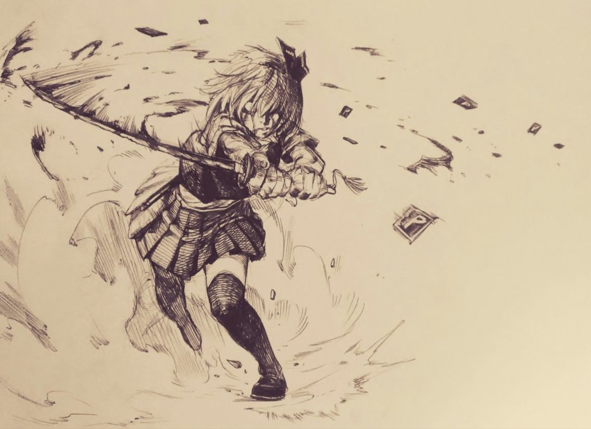 1girl, black_socks, blank_eyes, blood, blood_on_face, cutting, greyscale, hair_between_eyes