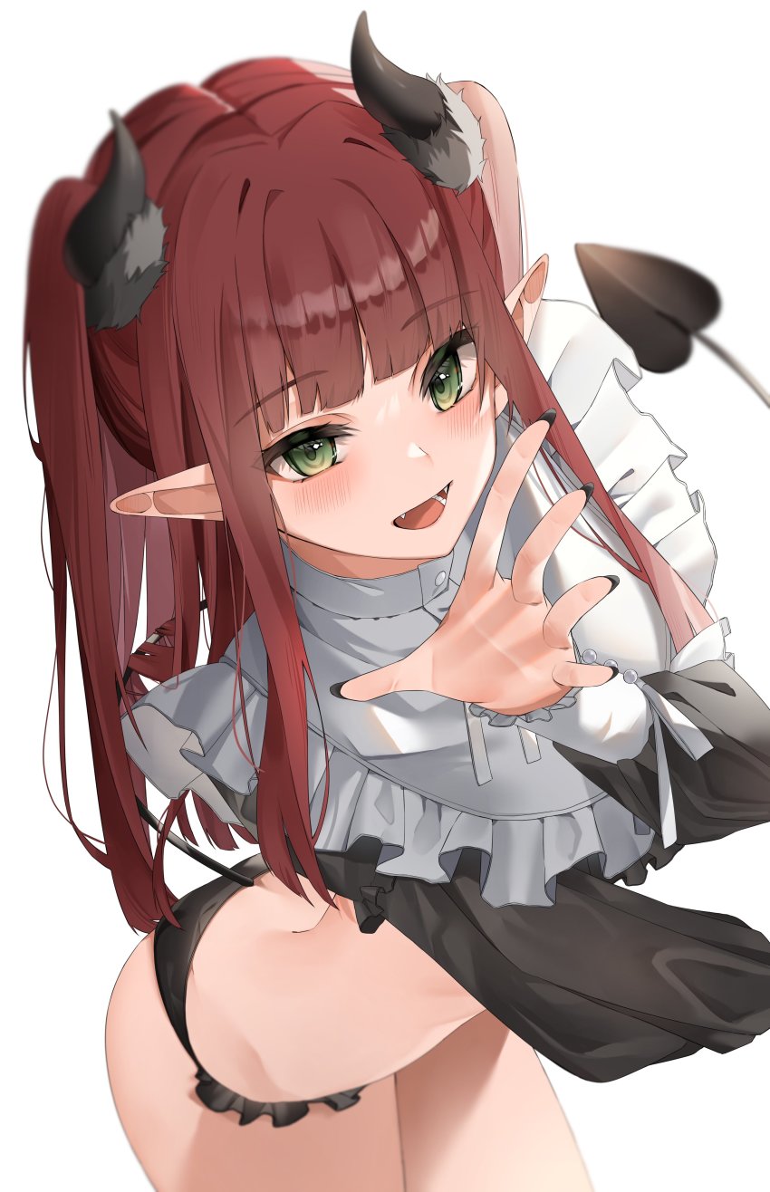 1girl, :d, absurdres, awaki224, bikini, bikini_bottom_only, black_panties, black_shirt, blunt_bangs, blush, butt_crack, cosplay, demon_horns, demon_tail, fangs, frilled_bikini, frills, green_eyes, highres, horns, kitagawa_marin, long_sleeves, looking_at_viewer, nail_polish, open_mouth, panties, pointy_ears, puffy_long_sleeves, puffy_sleeves, red_hair, rizu-kyun, rizu-kyun_(cosplay), shirt, simple_background, smile, solo, sono_bisque_doll_wa_koi_wo_suru, swimsuit, tail, twintails, underwear, white_background