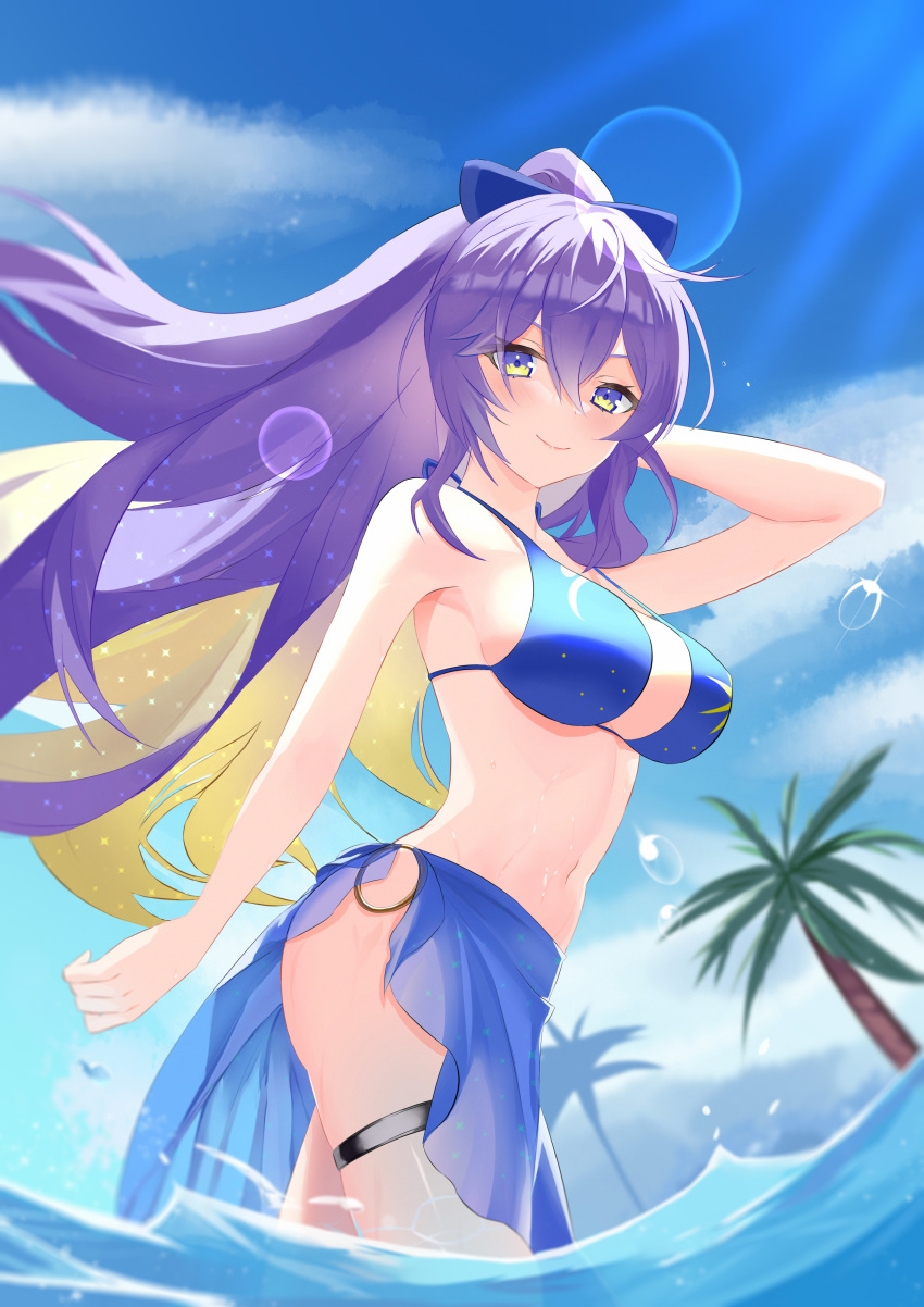 1girl, absurdres, bad_id, bad_pixiv_id, bikini, blonde_hair, blue_bikini, blue_eyes, blush, breasts, closed_mouth, floating_hair, from_side, hair_between_eyes, halterneck, high_ponytail, highres, hololive, hololive_indonesia, jiang_ye_kiri, large_breasts, long_hair, looking_at_viewer, moona_hoshinova, moona_hoshinova_(indonesian_casual), multicolored_hair, palm_tree, ponytail, purple_hair, sarong, smile, solo, strap_gap, string_bikini, swimsuit, thigh_strap, tree, two-tone_hair, very_long_hair, virtual_youtuber, wading, water