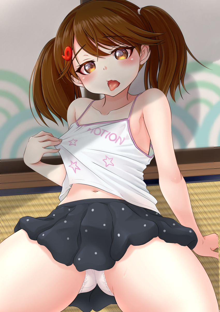 1girl, absurdres, alternate_costume, black_skirt, brown_eyes, brown_hair, camisole, collarbone, flat_chest, hair_ornament, highres, hot, indoors, kantai_collection, magatama, makura_(y_makura), midriff_peek, miniskirt, navel, open_mouth, pleated_skirt, polka_dot, polka_dot_skirt, ryuujou_(kancolle), sitting, skirt, sliding_doors, solo, sweat, sweater_vest, tatami, tongue, tongue_out, twintails, white_camisole